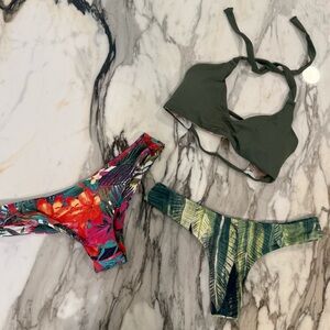 Midori Leaf Print Bikini Thong, Tropical Cheeky Bottom and Green Top